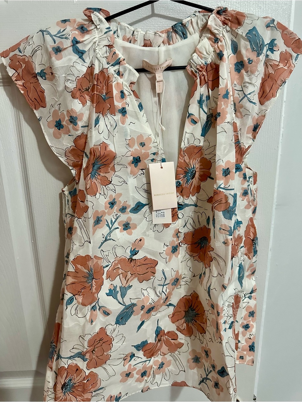 Rebecca Taylor Cream Floral Tie-Neck Blouse with Rust and Teal Accents